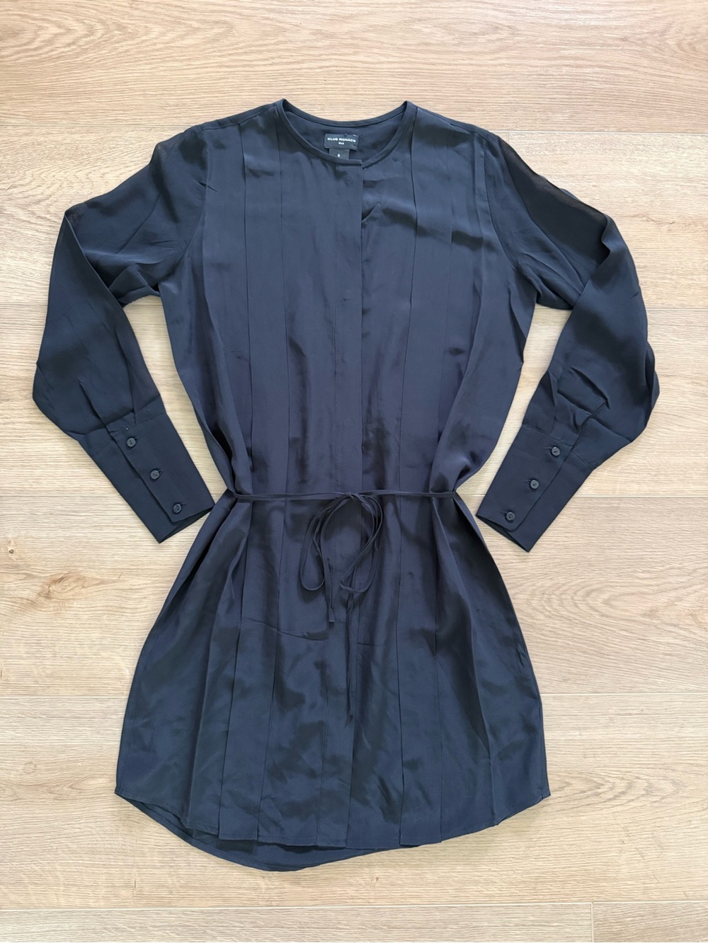 Club Monaco Silk Pleated Tie Waist Shirt Dress Black Size 0 oversized